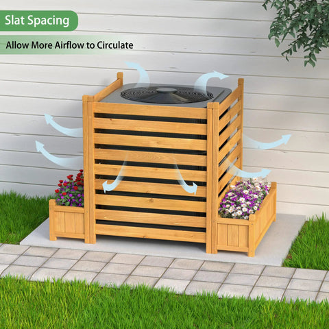 Three Panel Outdoor Wood Privacy Screen With Planter Box To Hide AC Unit And Trash Enclosure No Dig Kit Easy No Ground Stakes Setup