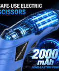 2026 Upgrade Cordless Electric Cutting Tool with Sharp Stainless Steel Blades for Effortless Threading Through Fabric Leather Cardboard Carpet And Thin Metal Sheets Powerful Motor For Smooth Precise Cuts, showcasing electric scissors with a blue handle and visible motor design.