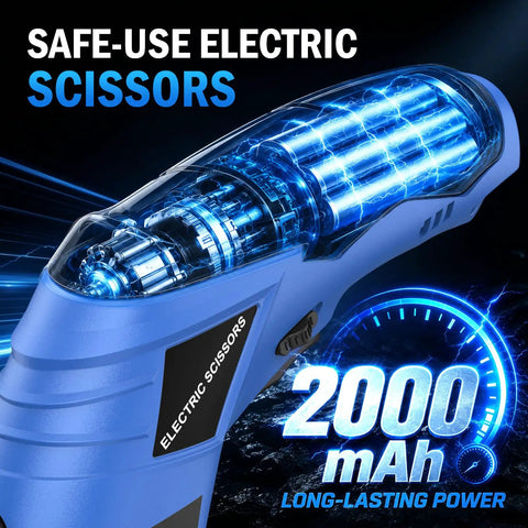 2026 Upgrade Cordless Electric Cutting Tool with Sharp Stainless Steel Blades for Effortless Threading Through Fabric Leather Cardboard Carpet And Thin Metal Sheets Powerful Motor For Smooth Precise Cuts, showcasing electric scissors with a blue handle and visible motor design.