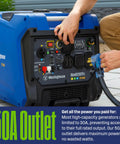 Person demonstrating the 50A outlet on the tri fuel portable inverter generator with remote start and transfer switch ready, CO sensor.