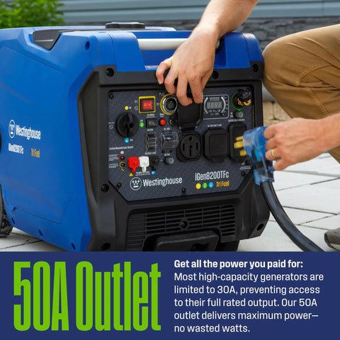 Person demonstrating the 50A outlet on the tri fuel portable inverter generator with remote start and transfer switch ready, CO sensor.