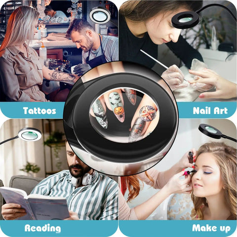 10x Desk Magnifier With Light used for tattoos, nail art, reading, and makeup tasks with flexible gooseneck clamp.