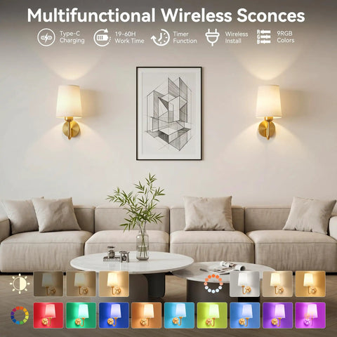 Top Shelf Battery Operated Wall Sconces Set Of Two With Remote Control Smart RGB Bulbs In Matte Gold in modern living room.