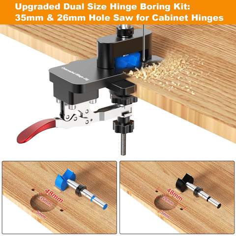 Concealed Hinge Jig With Quick Clamp, Includes 35mm And 26mm Drill Bits, Aluminum Cabinet Door Locator Tool With Depth Stop in use