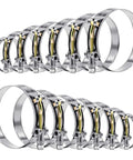 Beefy 14 Piece T Bolt Hose Clamp Set In 304 Stainless Steel For 1 To 3 Inch Hoses, 7 Sizes With Two Of Each Size, arranged in two rows
