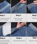 Step-by-step guide showing Double Sided Iron On Hemming Tape Fusible Bonding Web for garment repair, demonstrating application on denim.