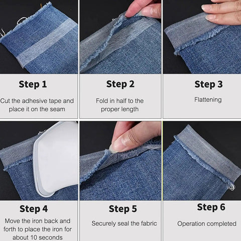 Step-by-step guide showing Double Sided Iron On Hemming Tape Fusible Bonding Web for garment repair, demonstrating application on denim.