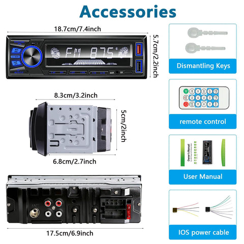 Bluetooth Car Stereo Single DIN With Hands Free Calling Push To Talk Button FM MP3 SD AUX Dual USB Ports accessories