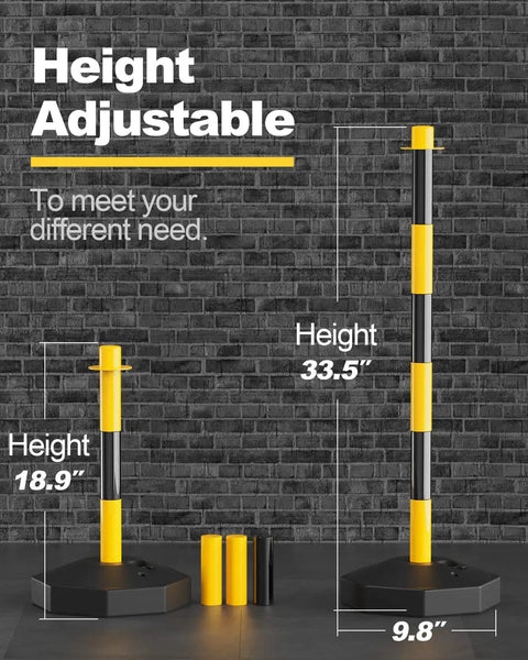 Height adjustable Six Pack Traffic Delineator Posts with fillable bases and expandable safety barrier chain for parking lots