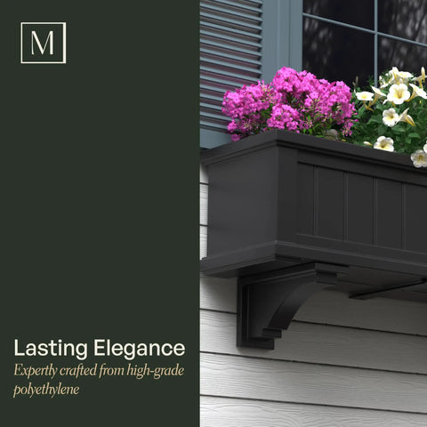 White Fairfield And Cape Cod Window Box Decorative Brackets Two Pack Built To Last In 100 Percent Polyethylene Resin For All Weather Tough Outdoor Use Engineered To Fit Fairfield And Cape Cod Window Box Models attached under window box on house exterior.
