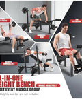 Man using 900 Lb Weight Bench Set with Squat Rack for Home Gym, demonstrating bench press and leg extension