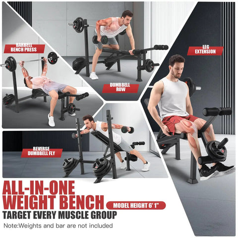 Man using 900 Lb Weight Bench Set with Squat Rack for Home Gym, demonstrating bench press and leg extension