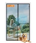 Magnetic Screen Door For 32x82 Inch Doors with 34x83 Inch Mesh and dog sitting on patio, reinforced magnets, fiberglass net, gray.