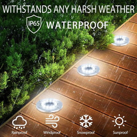 12 LED Solar Ground Lights Waterproof In Ground Disk Pathway Lights For Yard Garden Lawn Patio Walkway Pool 8 Pack White Outdoor Disk Lamps for weatherproof illumination on a wooden deck at night with greenery