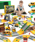 Child playing with Glow In The Dark Construction Race Track Set For Kids Ages 3 To 9, 264 Piece Buildable DIY Track With 2 Light Up Cars And 3 Construction Vehicles, Flexible Track Segments, A Totally Fun Birthday Gift For Boys And Girls