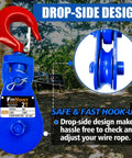 Snatch Block With Hook For Tow Truck Use, 2 Ton Capacity, 3/8 Inch Wire Rope, 3 Inch Pulley, Heavy Duty Pulley System With Drop-Side Design For Safe, Fast Hookups And Effortless Heavy Lifting, blue hook