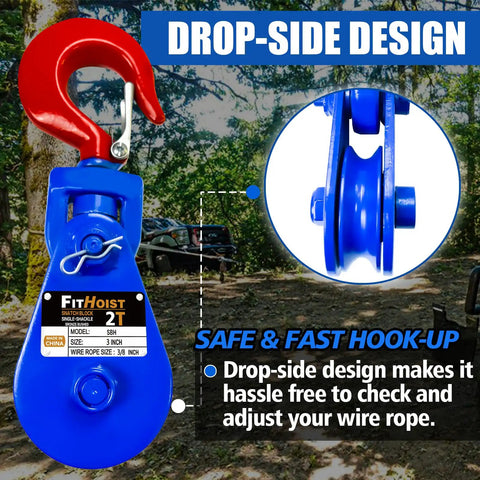 Snatch Block With Hook For Tow Truck Use, 2 Ton Capacity, 3/8 Inch Wire Rope, 3 Inch Pulley, Heavy Duty Pulley System With Drop-Side Design For Safe, Fast Hookups And Effortless Heavy Lifting, blue hook