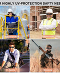 Collage of men wearing Tinted Safety Glasses 80 Pack Bulk ANSI Z87.1 UV Protection Eyewear for various activities like construction and sports.