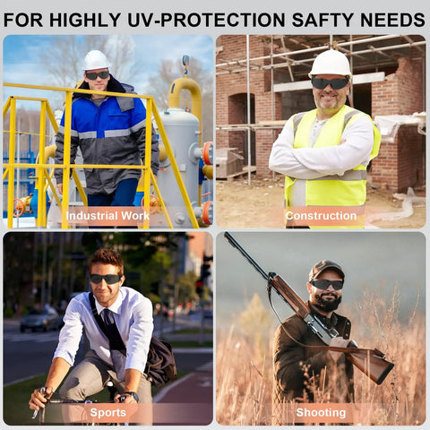 Collage of men wearing Tinted Safety Glasses 80 Pack Bulk ANSI Z87.1 UV Protection Eyewear for various activities like construction and sports.