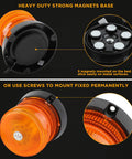 Two Pack 60 LED Amber Warning Beacon Lights With Magnetic Base And 16 Foot Cord High Visibility 12V To 24V Strobe Flash viewed from bottom showing magnet and screws for mounting.