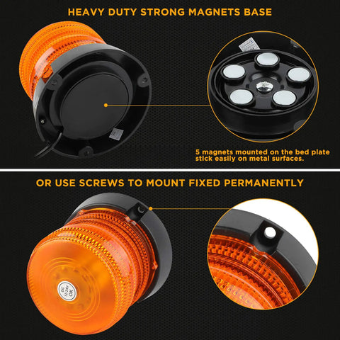 Two Pack 60 LED Amber Warning Beacon Lights With Magnetic Base And 16 Foot Cord High Visibility 12V To 24V Strobe Flash viewed from bottom showing magnet and screws for mounting.
