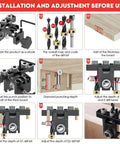 Installation guide for 3-In-1 Dowel Jig Kit with self-centering, doweling, pocket hole jig, and positioning clip for DIY assembly.