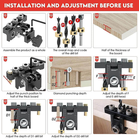 Installation guide for 3-In-1 Dowel Jig Kit with self-centering, doweling, pocket hole jig, and positioning clip for DIY assembly.