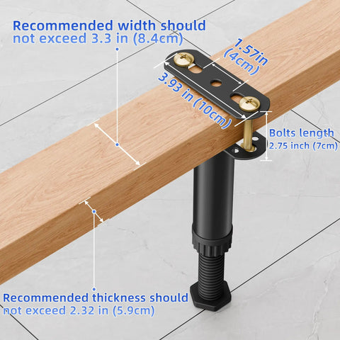 Six Pack Adjustable Bed Support Legs With Locking Ring dimensions on wood with black support leg, showing height adjustments and installation tips.