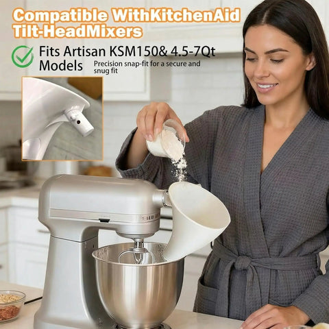 Mess-Free Flour Funnel Attachment for Stand Mixers with Extended Splash Guard in use with 4.5-7 Qt tilt-head bowl.