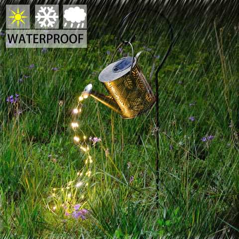 Sun Powered Watering Can Lights For Garden With Cascading LED Pouring Water Effect, waterproof decor illuminating grass