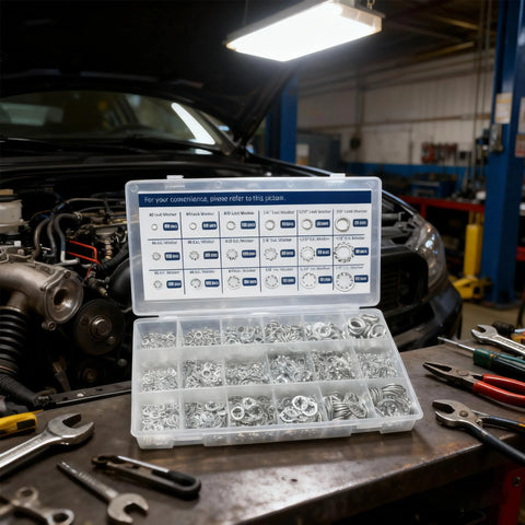 Front view of a clear plastic washer assortment kit with zinc-plated carbon steel lock washers (internal and external tooth) in sizes #6–#10 and 1/4–3/8 in.