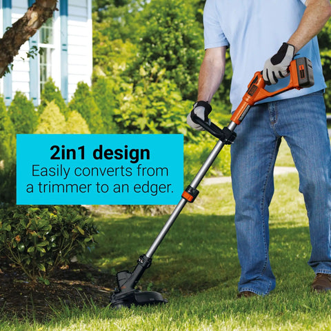 Person using 40V Max Cordless String Trimmer And Edger With Telescoping Pole Two In One Weed Wacker For Lawn Care PowerCommand Dial