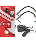 Compact Drop Tune Pedal With Polyphonic Pitch Shift 1 To 7 Semitones Down Octave Down Option Momentary And Latch Switching True Bypass Includes Power Supply And Patch Cable For Guitar, red metal pedal with cables