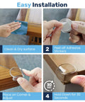 Four-step guide for installation of Heavy Duty Large Table Corner Protectors And Universal Edge Guards For Babies.