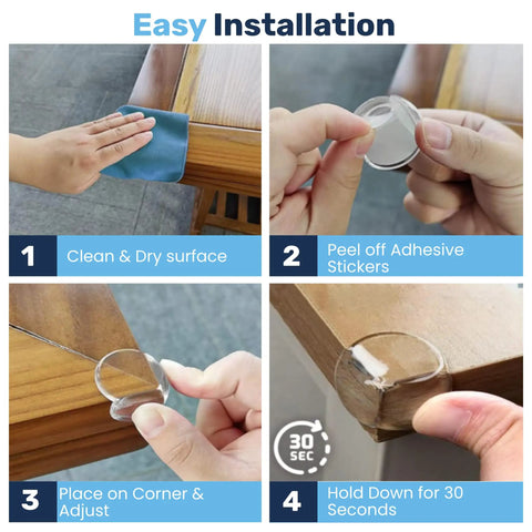 Four-step guide for installation of Heavy Duty Large Table Corner Protectors And Universal Edge Guards For Babies.