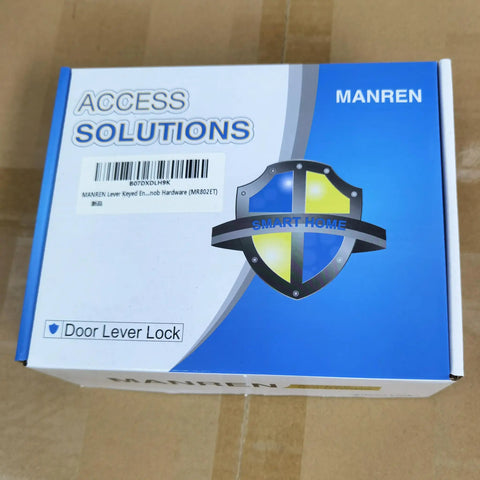 Product box of Keyed Entry Door Lever Lock With Reversible Backset For Exterior And Interior Doors, nickel brushed finish.