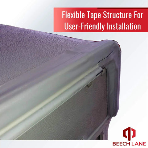 Close-up of RV Roof Repair Tape 4 Inch By 50 Foot No Fuss Permanent Leak Stop For Campers And Travel Trailers applied on roof corner.