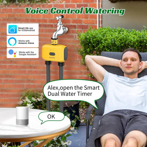 WiFi Sprinkler Timer Two Zone With App Control For Travel, Smart Irrigation System with voice command setup near a garden