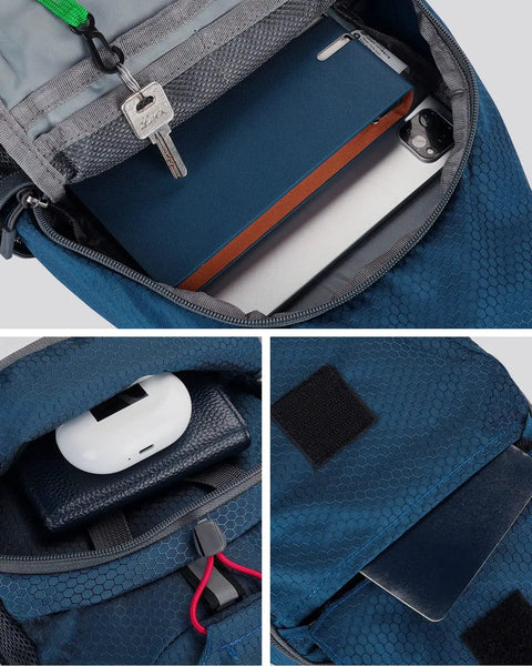 Interior view of blue Packable Small Crossbody Sling Backpack For Travel And Hiking Ultralight Water Resistant Daypack with gadgets inside