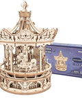 Wooden Puzzle Carousel Kit With Five Moving Horses And Music Box Hands On 3D Mechanical Model That Rotates Lifts And Sways Simultaneously Great Gift For Adults And Teens Christmas Or Birthday Hobby Craft, front view with box