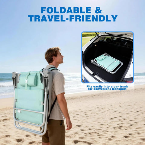 Person carrying Extra Wide Beach Chair With 5 Position Lay Flat Recline Built Tough For Adults, Heavy Duty 500 Lb Capacity on beach