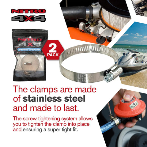 Beefy Heavy Duty Stainless Steel Hose Clamp Set Two Pack Adjustable from 1.75 to 2.75 inch for various uses.