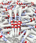 Two And Three Quarters Inch USA Stars And Stripes Golf Tees Plastic Bulk Pack Of One Hundred For Patriotic Play Made In The USA High Visibility Red White Blue Flag Design Durable Tee It Up At The Same Height Every Hole