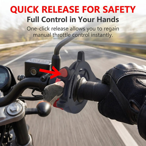 Solid Motorcycle Throttle Cruise Control Lock With Adjustable Abs Mount For 1 2 To 1 5 Inch Tubes Universal Fit, showing quick release feature.