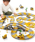 Child playing with Construction Race Track Toy Set For Toddlers And Boys 2 To 6 With 200 Flexible Tracks, cars, trucks, signs, and trees