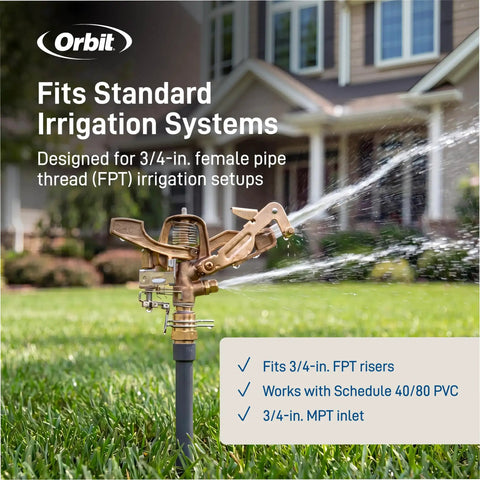 Heavy Duty Brass Impact Sprinkler Head Offering Close And Far Coverage With Dual Nozzles For Total Lawn Protection With Robust 3/4 In Mpt Connection And Heavy Duty Brass Build Without Kinking Or Failure In Your Garden Setup, positioned on green grass.