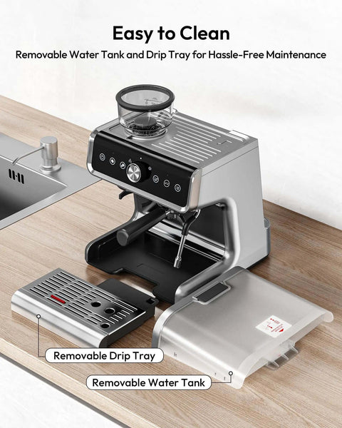 Espresso Machine With Built In Grinder And Milk Frother 20 Bar Coffee Maker For Home Baristas Removable Water Tank shown