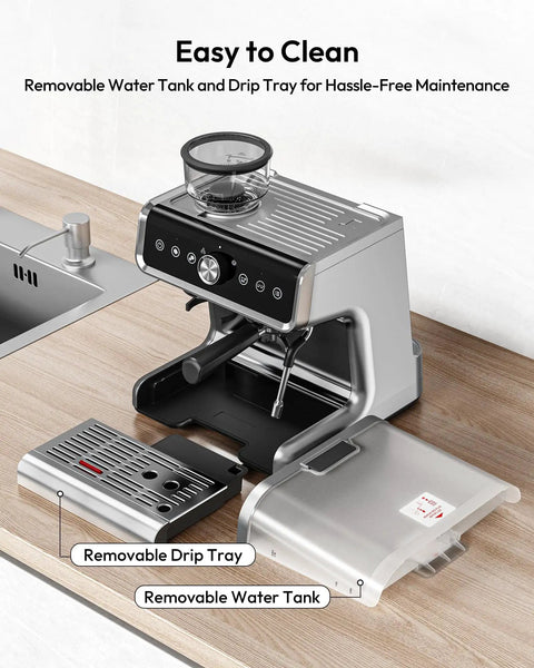 All In One Espresso Machine With Built In Grinder 20 Bar Pressure Milk Frother Steam Wand Removable Water Tank Latte Cappuccino Maker shown with removable trays