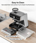 Barista Grade Espresso Machine With Built In Grinder For Home Use, 30 Grind Settings, visible removable water tank and drip tray