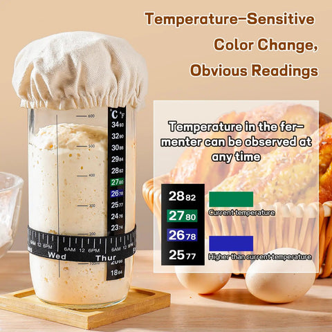 Ultimate Sourdough Starter Kit For Home Bakers And Bread Nerds With 24 oz glass jar, temperature sticker displayed on jar
